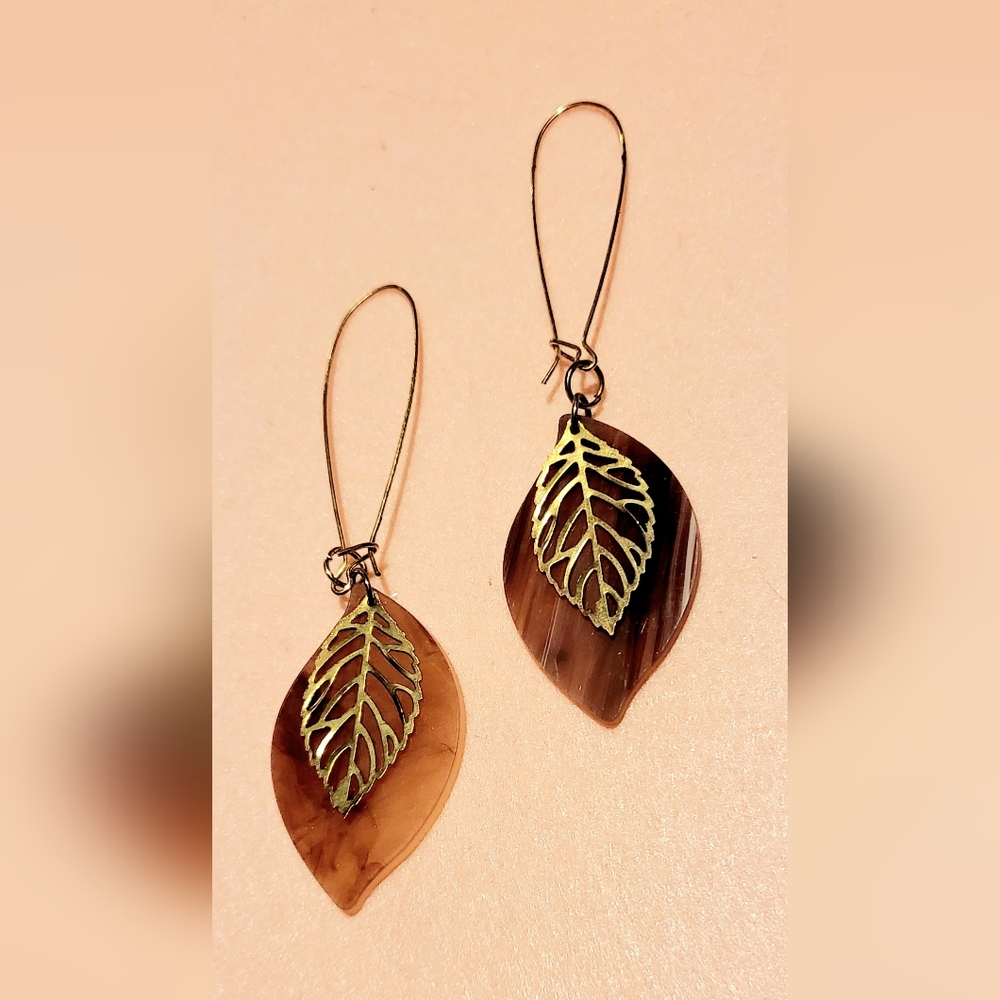 Pink Leaf-Shaped Earrings, Shiny Plastic, Gold Finish.